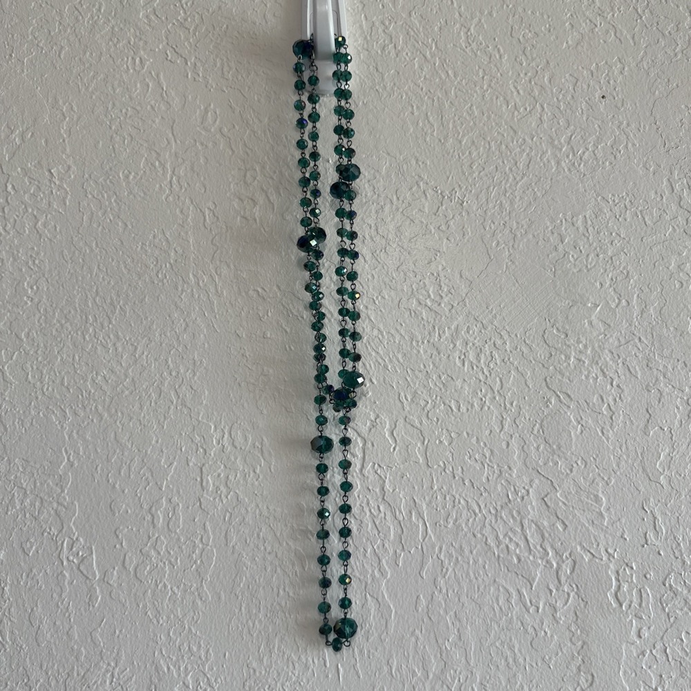 Emerald Green Faceted Glass Bead Long Station Necklace Gunmetal Tone Chain 48 In